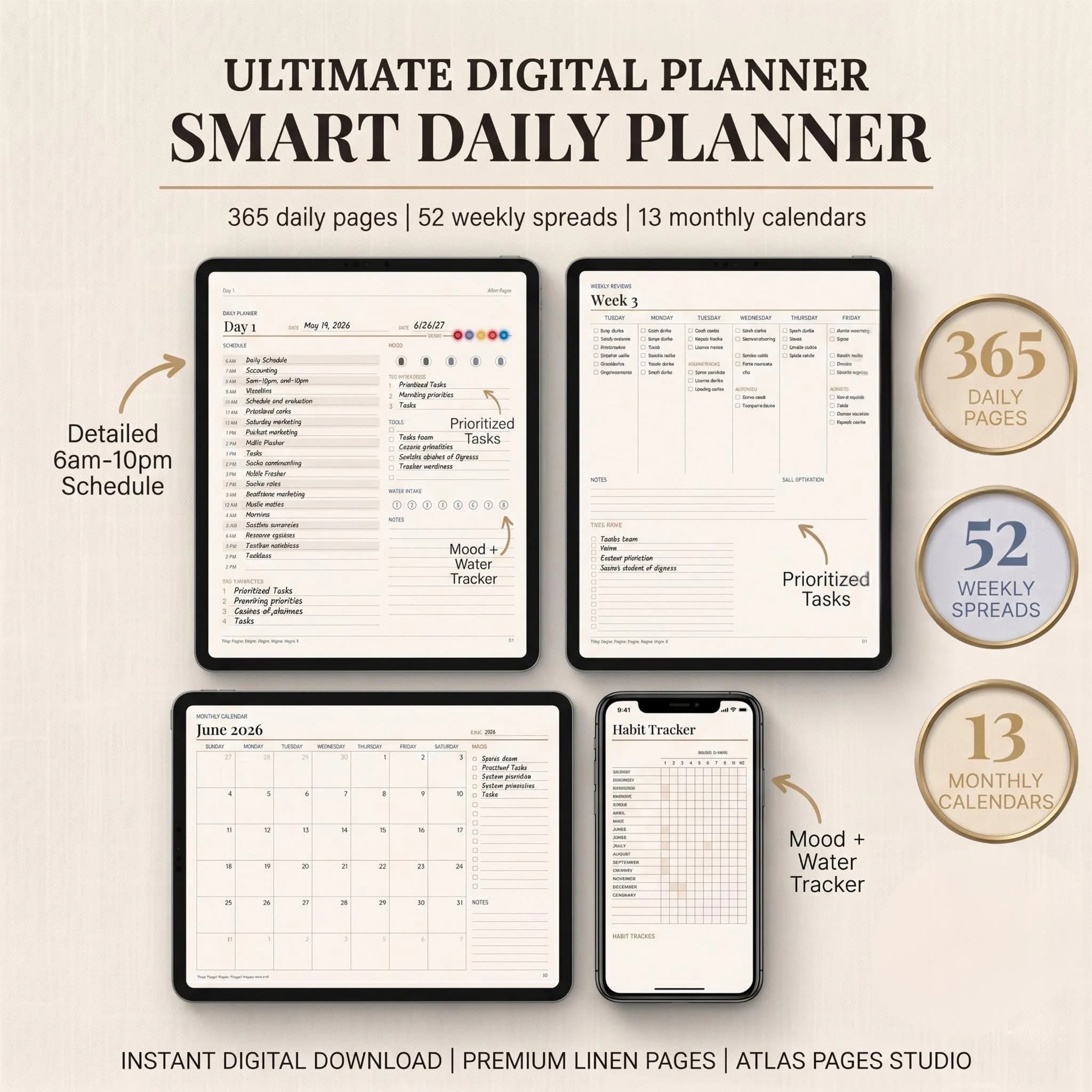 Smart Daily Planner Digital: Undated Hourly Schedule, Hyperlinked Pages (Digital Download) - Image 1