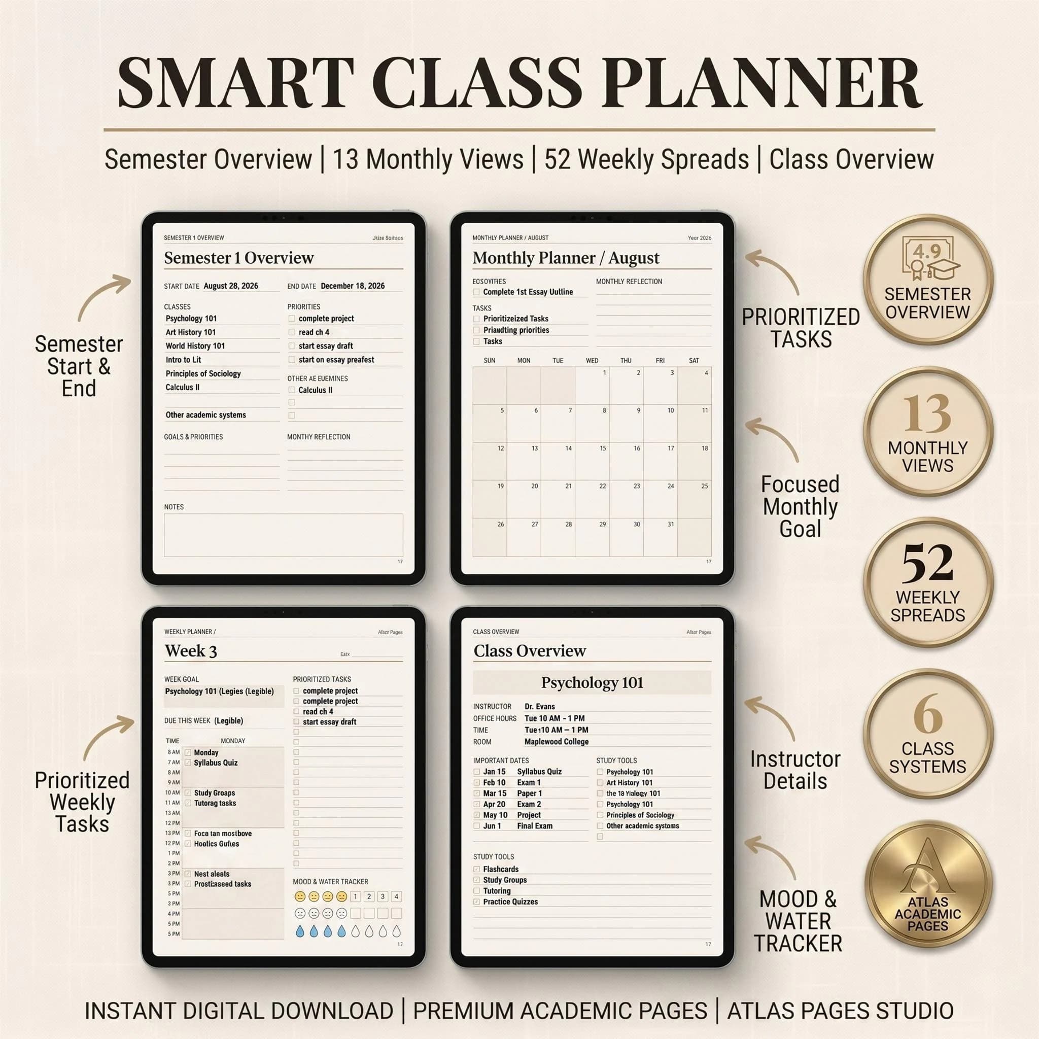 Smart Class Planner 2026-27 GoodNotes Digital Planner Cornell Notes iPad Template Fully Hyperlinked - Image 1